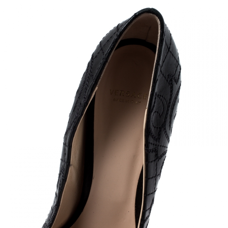 Pre Owned Versace Black Embroidered Leather Peep Toe Platform Pumps Size 40