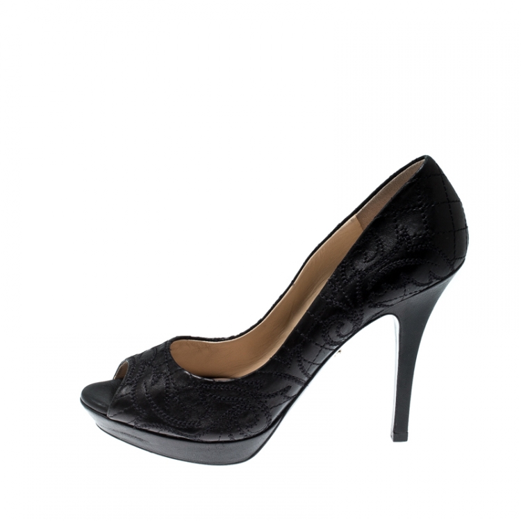 Pre Owned Versace Black Embroidered Leather Peep Toe Platform Pumps Size 40