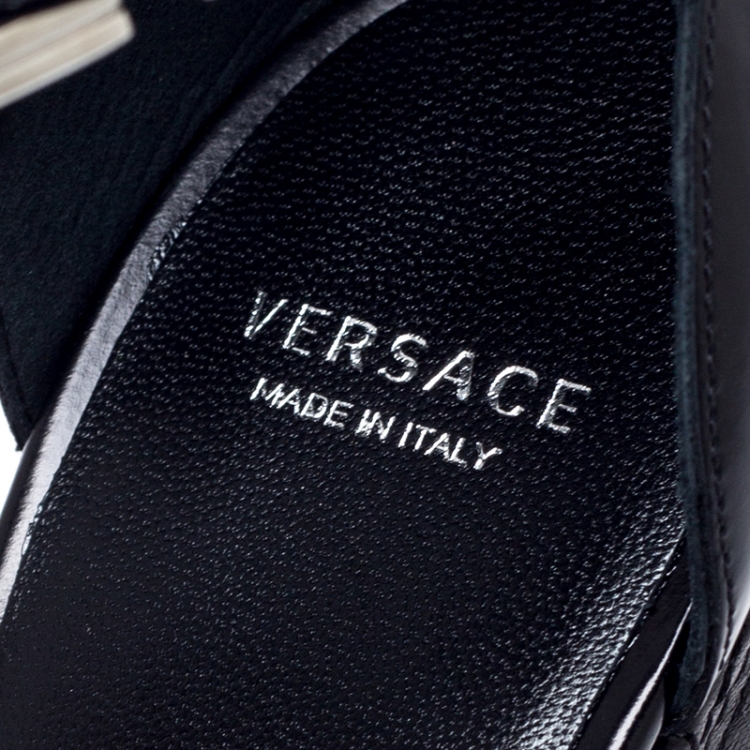 Pre Owned Versace Black Leather T-Strap Quilted Wedge Platform Sandals Size 37.5