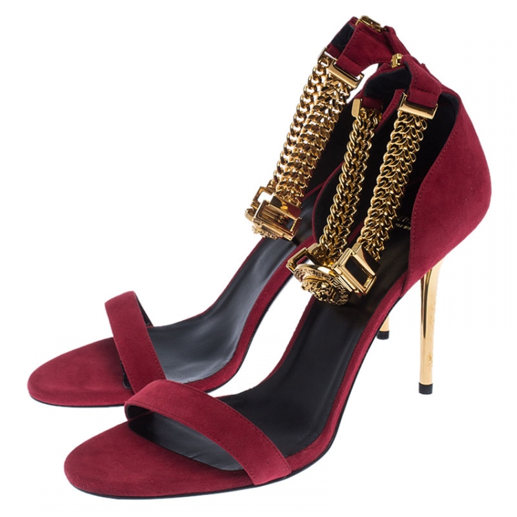 Pre Owned Versace Red Suede Signature Medusa Ankle Cuff Sandals Size 41