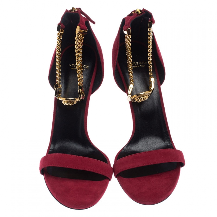 Pre Owned Versace Red Suede Signature Medusa Ankle Cuff Sandals Size 41