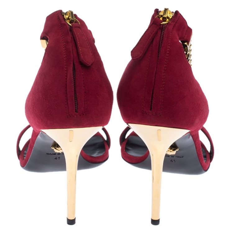 Pre Owned Versace Red Suede Signature Medusa Ankle Cuff Sandals Size 41