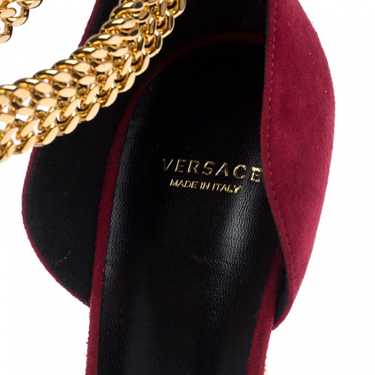 Pre Owned Versace Red Suede Signature Medusa Ankle Cuff Sandals Size 41