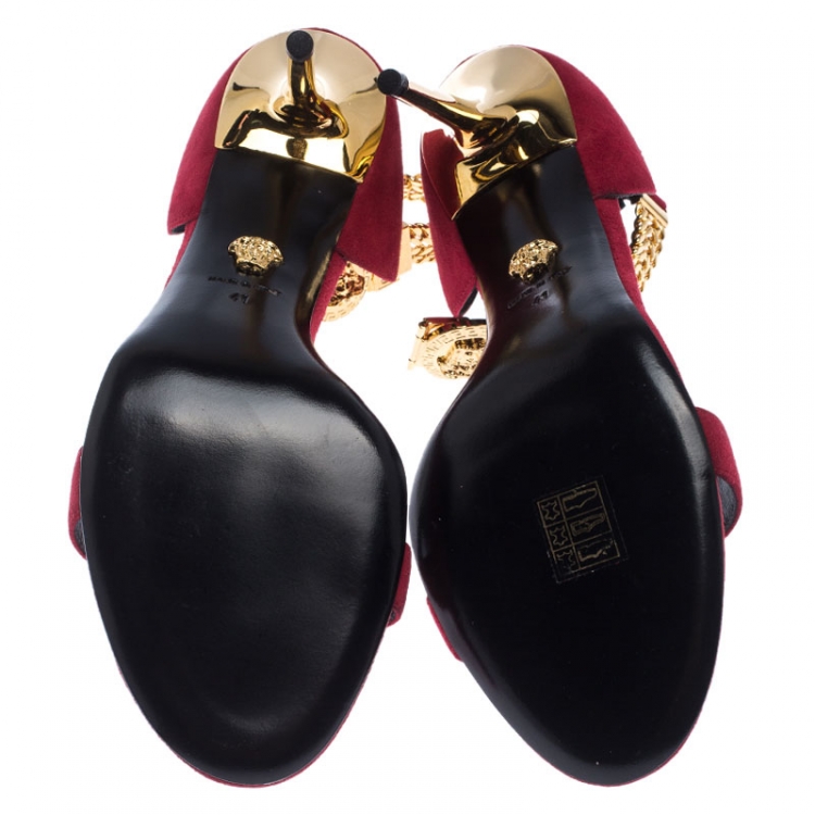 Pre Owned Versace Red Suede Signature Medusa Ankle Cuff Sandals Size 41