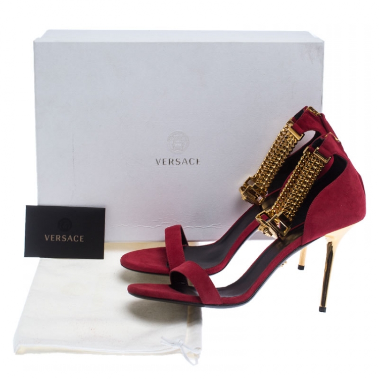 Pre Owned Versace Red Suede Signature Medusa Ankle Cuff Sandals Size 41