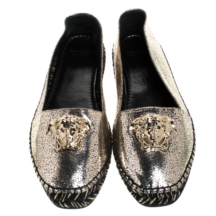 Pre Owned Versace Metallic Gold Medusa Slip On Espadrille Flats Size 37
