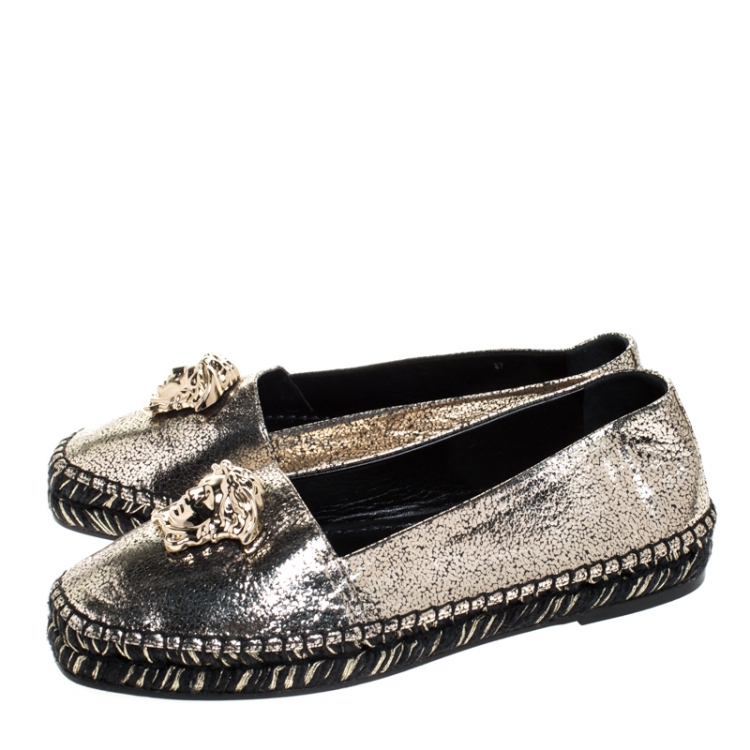 Pre Owned Versace Metallic Gold Medusa Slip On Espadrille Flats Size 37