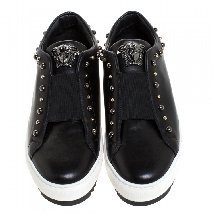 Pre Owned Versace Black Studded Leather Medusa City Platform Sneakers Size 39