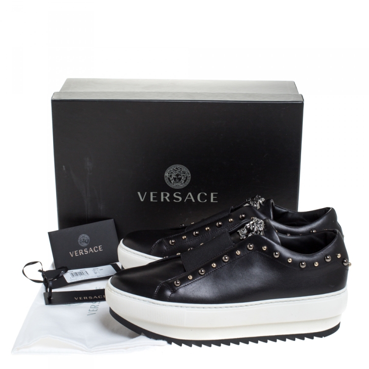 Pre Owned Versace Black Studded Leather Medusa City Platform Sneakers Size 39