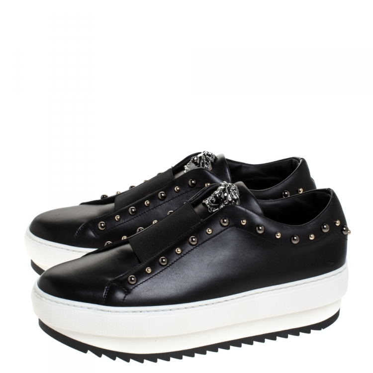Pre Owned Versace Black Studded Leather Medusa City Platform Sneakers Size 39