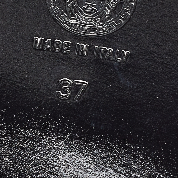 Pre Owned Versace Black Leather Medusa Logo Embellished Flat Slides Size 37
