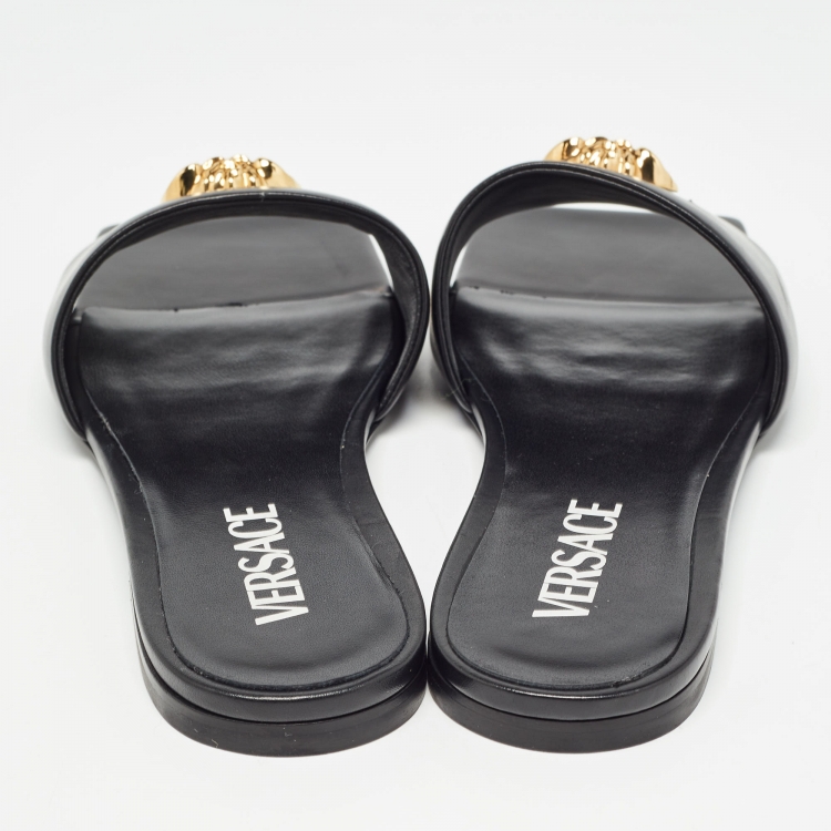 Pre Owned Versace Black Leather Medusa Logo Embellished Flat Slides Size 37