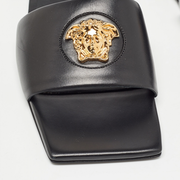 Pre Owned Versace Black Leather Medusa Logo Embellished Flat Slides Size 37