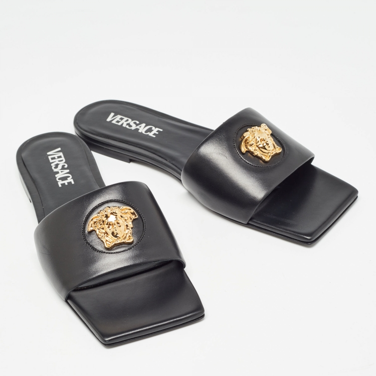 Pre Owned Versace Black Leather Medusa Logo Embellished Flat Slides Size 37