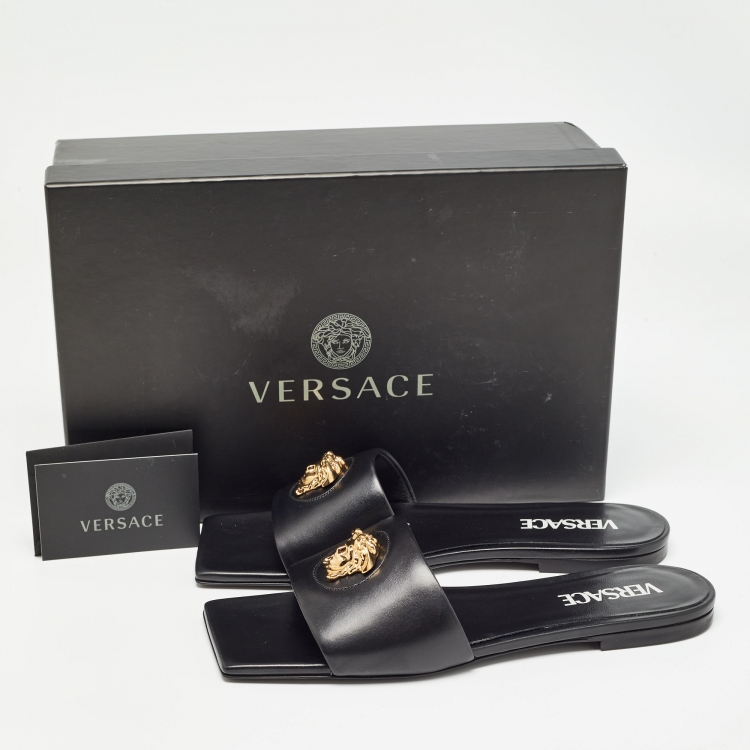 Pre Owned Versace Black Leather Medusa Logo Embellished Flat Slides Size 37