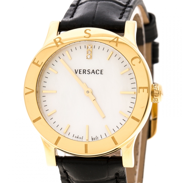 Pre Owned Versace White Mother of Pearl Gold Plated Steel VQA Women's Wristwatch 33 mm