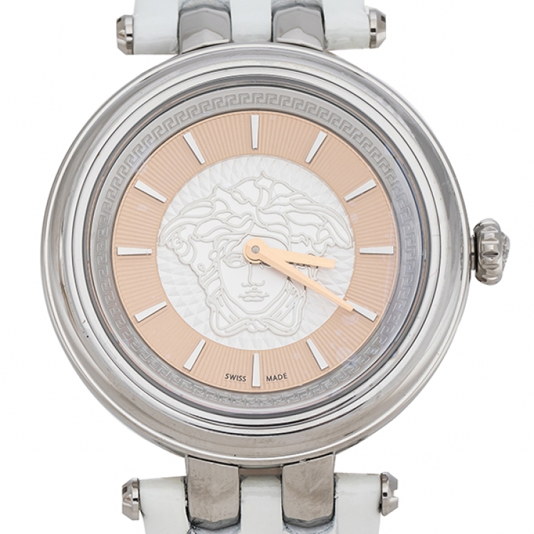 Pre Owned Versace Salmon Stainless Steel Leather Khai VQE010015 Women's Wristwatch 36 mm