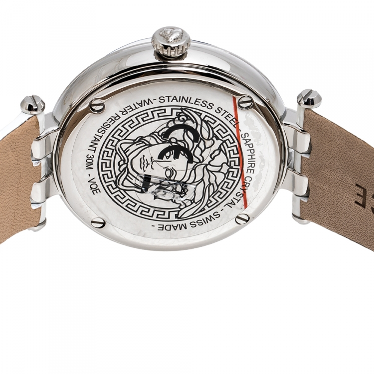 Pre Owned Versace Salmon Stainless Steel Leather Khai VQE010015 Women's Wristwatch 36 mm