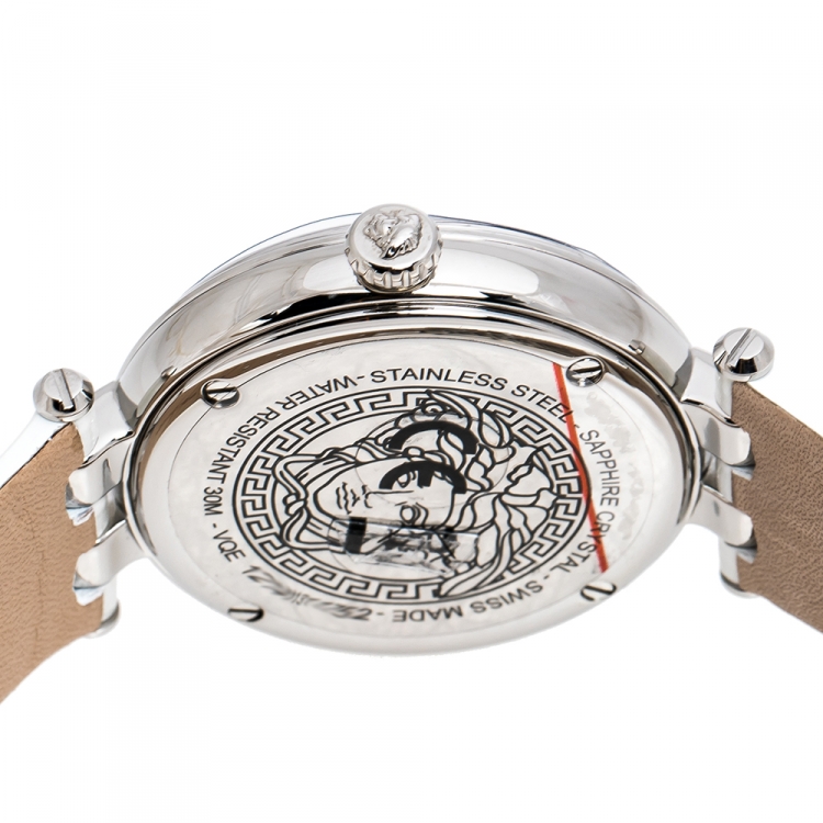 Pre Owned Versace Salmon Stainless Steel Leather Khai VQE010015 Women's Wristwatch 36 mm