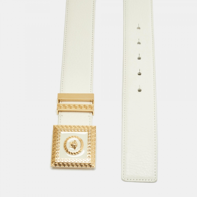 مملوكة مسبقًا Versace White Leather Medusa Square Buckle Belt 80CM
