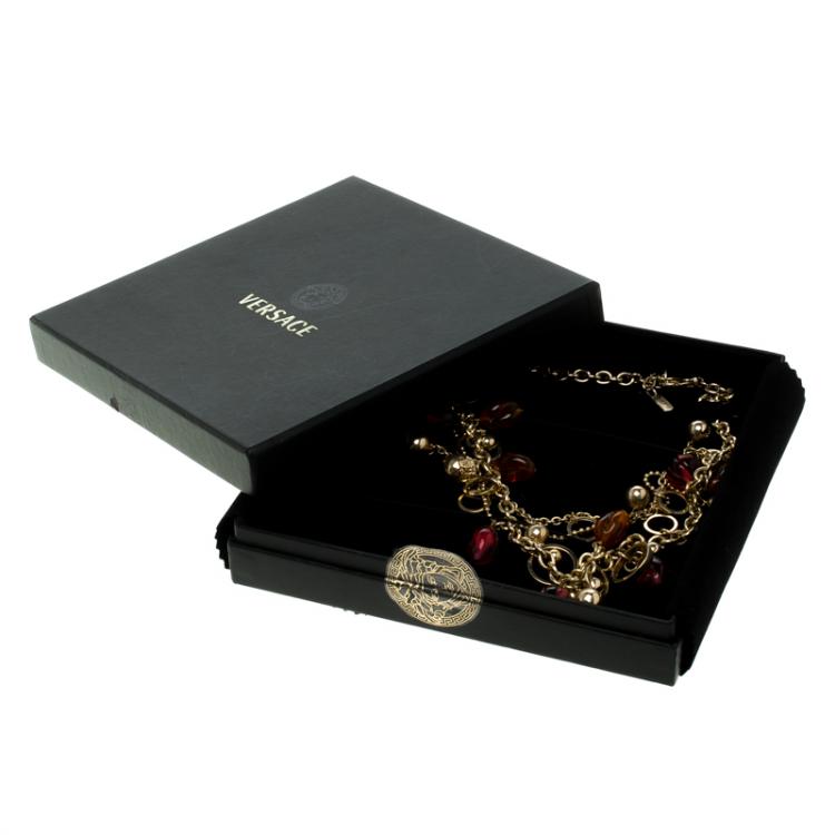 Pre Owned Versace Multicolor Crystal Gold Tone Necklace