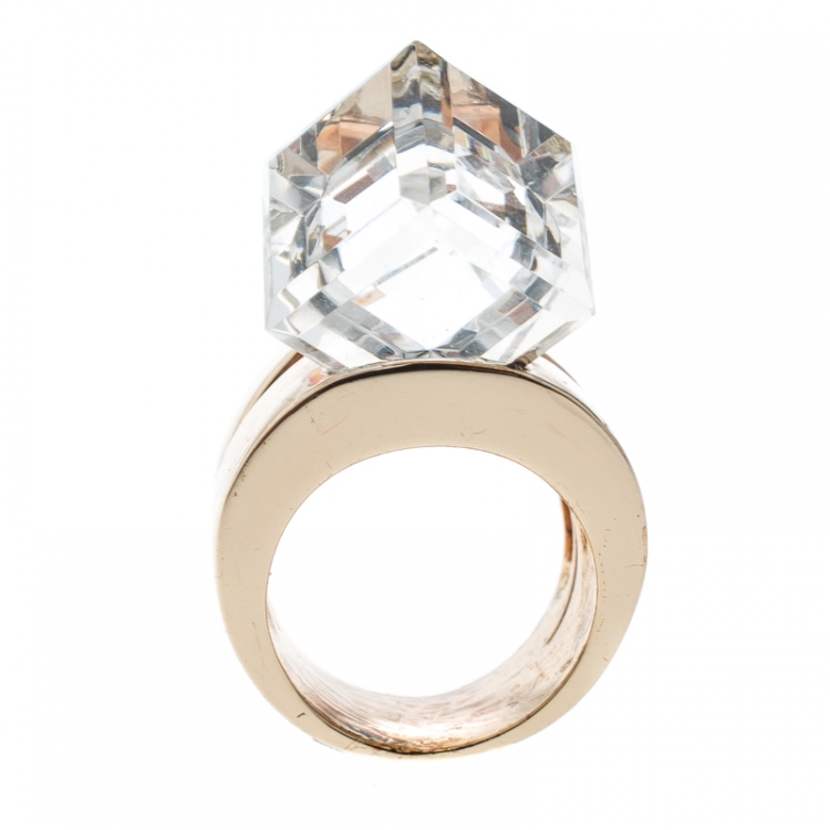 Pre Owned Versace Clear Crystal Cube Gold Tone Cocktail Ring Size 57
