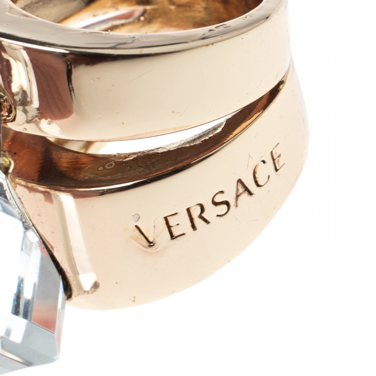 Pre Owned Versace Clear Crystal Cube Gold Tone Cocktail Ring Size 57