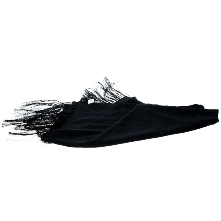 Pre Owned Versace Black Crystal Embellished Silk Georgette Tasseled Edge Scarf 
