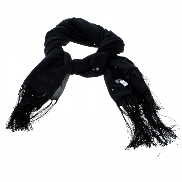 Pre Owned Versace Black Crystal Embellished Silk Georgette Tasseled Edge Scarf 