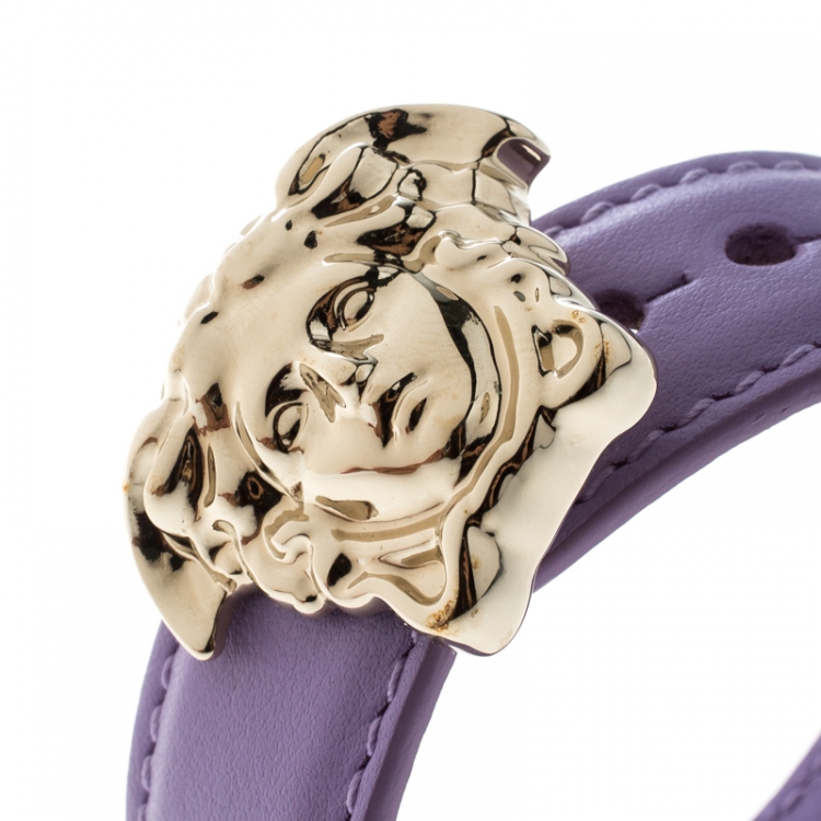 Pre Owned Versace Lilac Palazzo Medusa Gold Tone Leather Cuff Bracelet