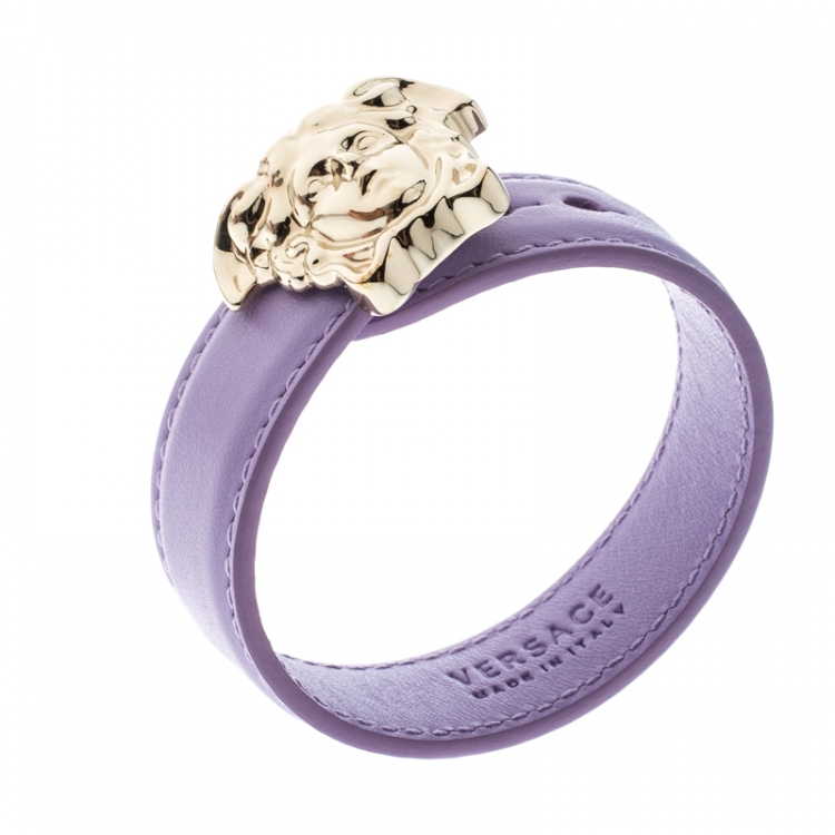 Pre Owned Versace Lilac Palazzo Medusa Gold Tone Leather Cuff Bracelet
