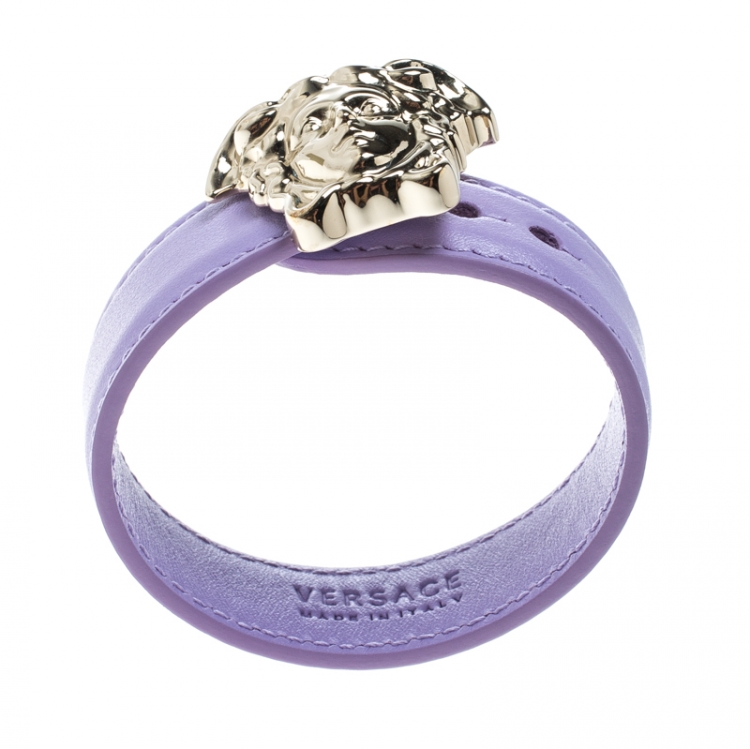 Pre Owned Versace Lilac Palazzo Medusa Gold Tone Leather Cuff Bracelet