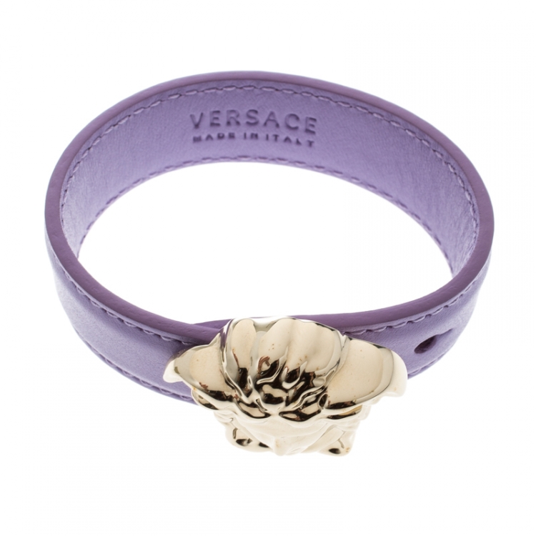 Pre Owned Versace Lilac Palazzo Medusa Gold Tone Leather Cuff Bracelet