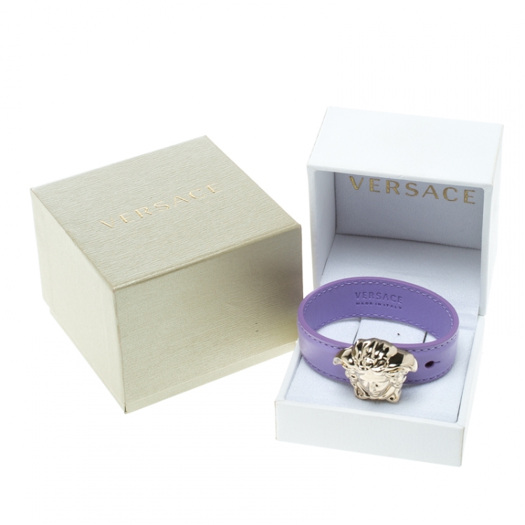 Pre Owned Versace Lilac Palazzo Medusa Gold Tone Leather Cuff Bracelet