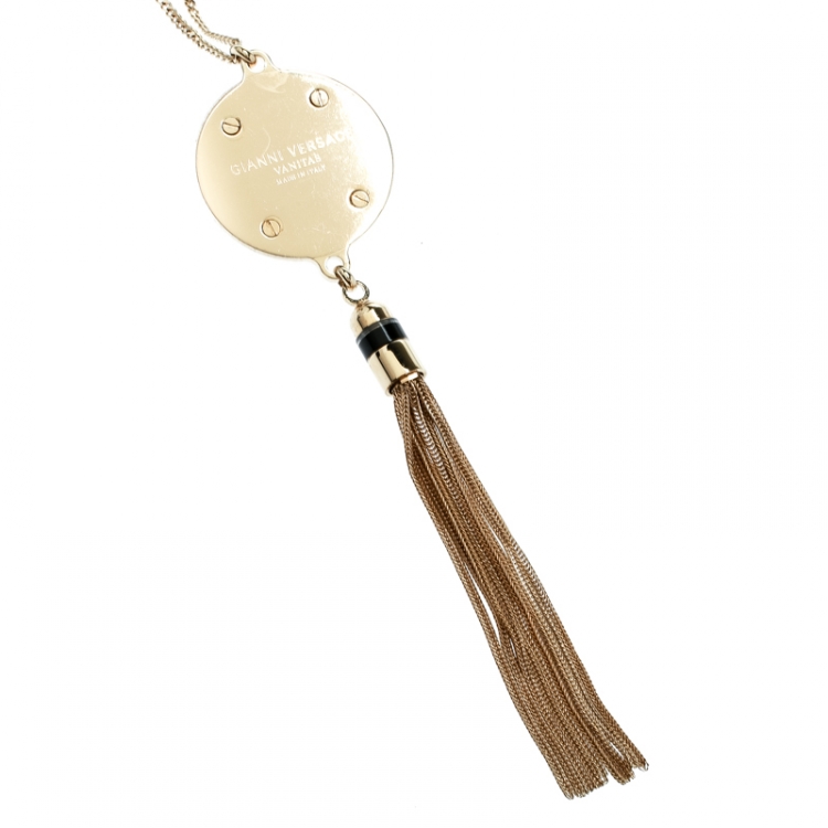 Pre Owned Gianni Versace Vanitas Crystal Enamel Medusa Gold Tone Tassel Pendant Necklace 