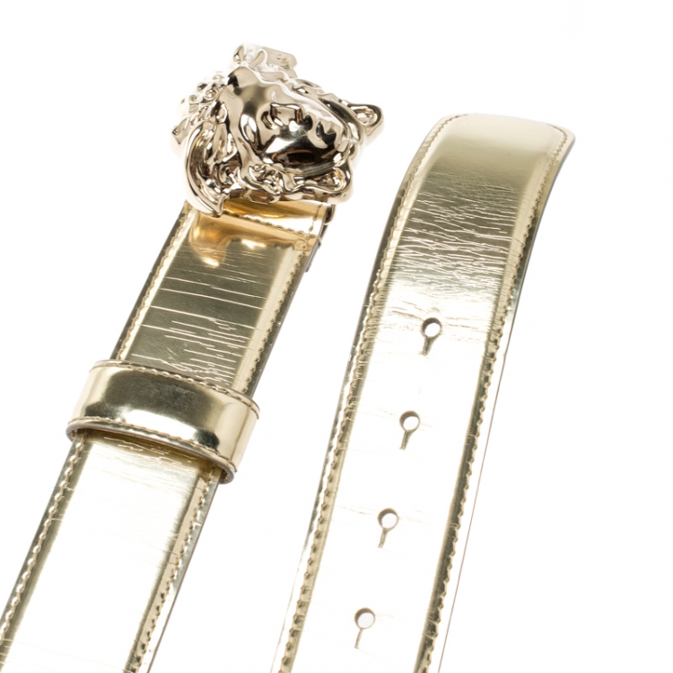 Pre Owned Versace Metallic Gold Leather Medusa Belt 95CM