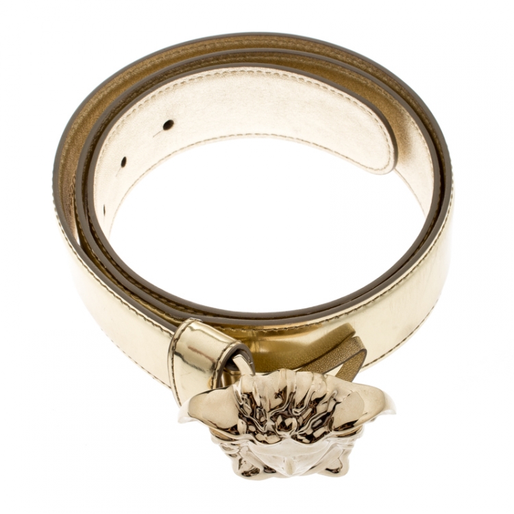 Pre Owned Versace Metallic Gold Leather Medusa Belt 95CM