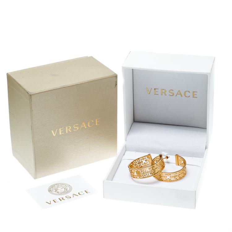 Pre Owned Versace Open Work Gold Tone Hoop Earrings