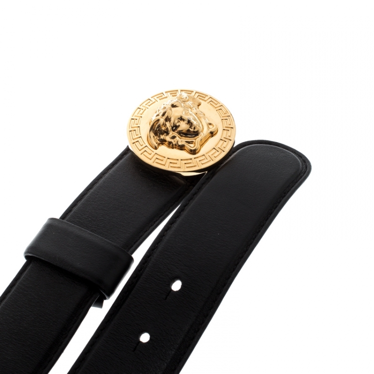 Pre Owned Versace Black Leather Medusa Buckle Belt 85CM