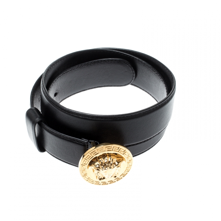 Pre Owned Versace Black Leather Medusa Buckle Belt 85CM