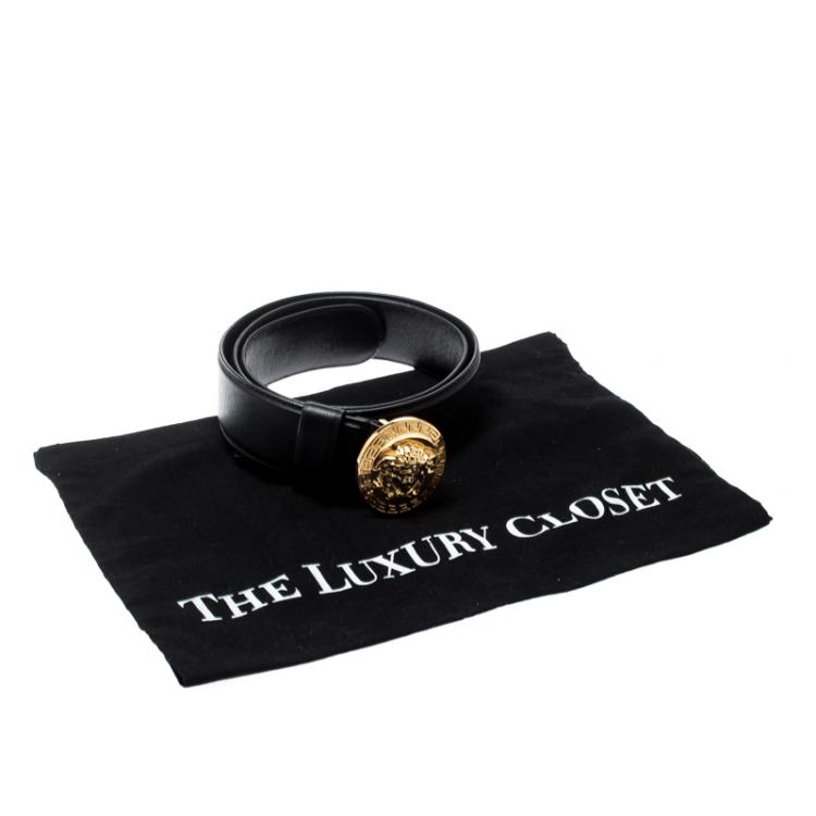 Pre Owned Versace Black Leather Medusa Buckle Belt 85CM