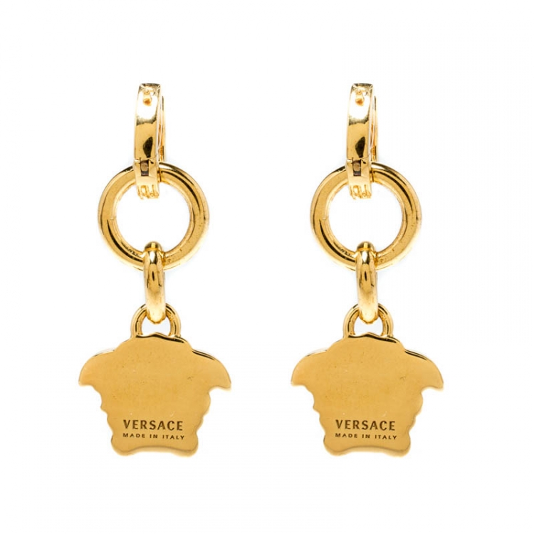 Pre Owned Versace Medusa Gold Tone Dangle Earrings
