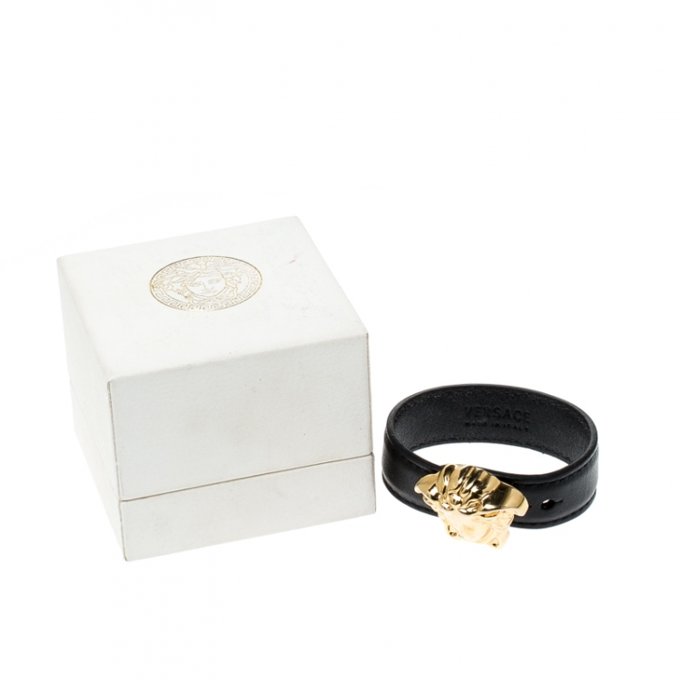 Pre Owned Versace Medusa Black Leather Gold Tone Bracelet