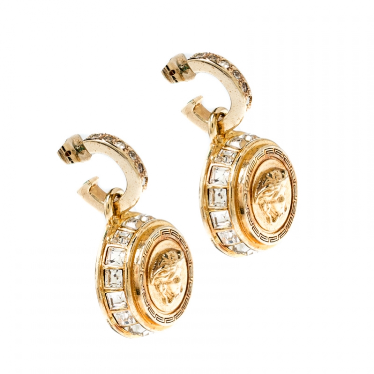 Pre Owned Versace Medusa Crystal Studded Gold Tone Drop Earrings