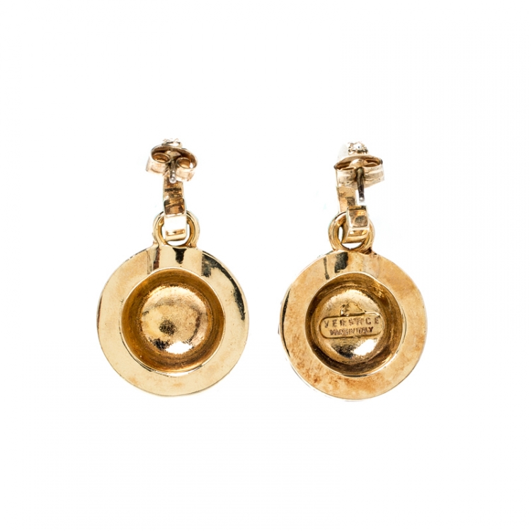 Pre Owned Versace Medusa Crystal Studded Gold Tone Drop Earrings