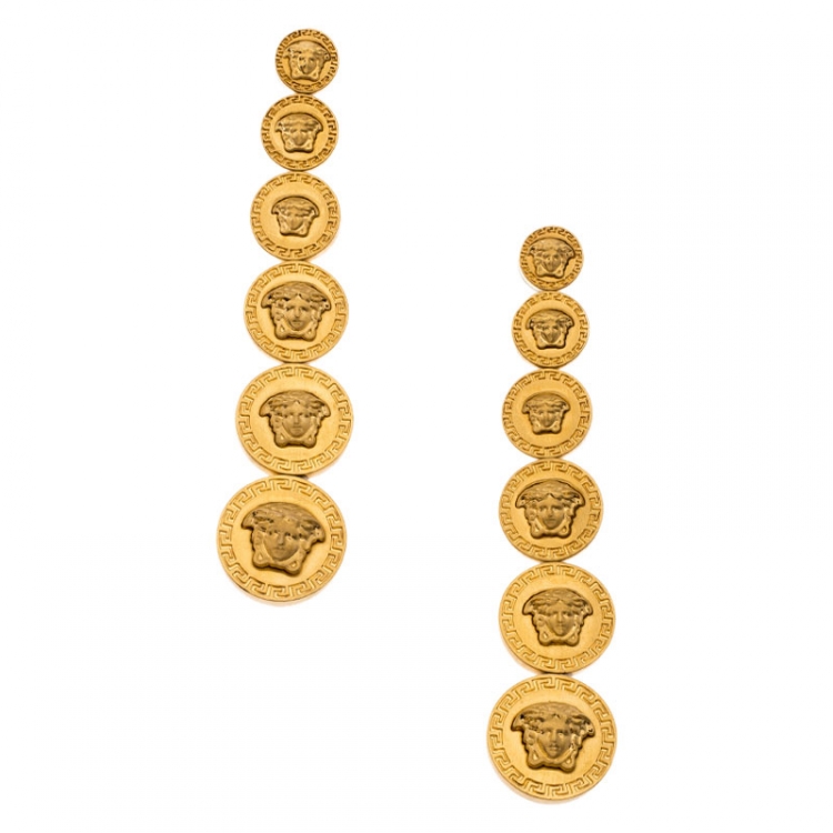 Pre Owned Versace Gold Plated Medusa Coin Drop Earrings