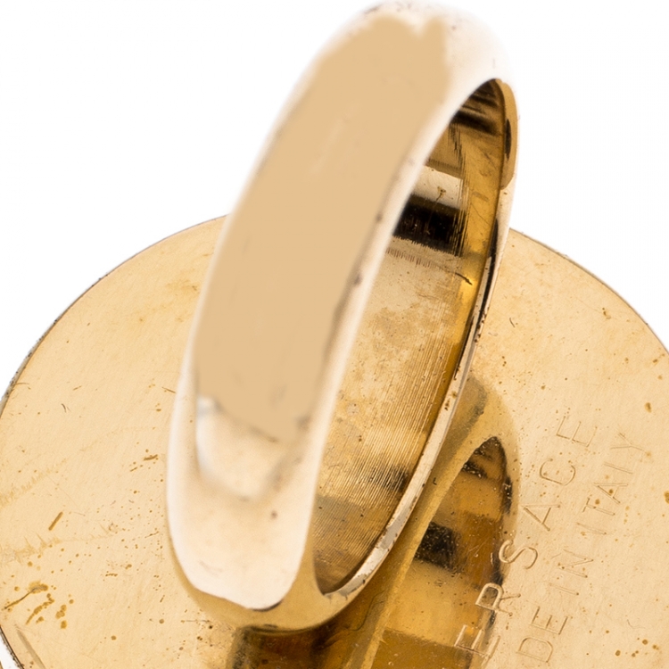 Pre Owned Versace Gold Plated Metal Flip Top Mirror Medusa Ring Size 50