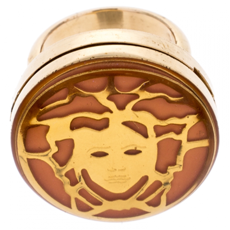 Pre Owned Versace Gold Plated Metal Flip Top Mirror Medusa Ring Size 50