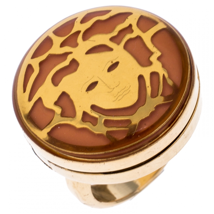 Pre Owned Versace Gold Plated Metal Flip Top Mirror Medusa Ring Size 50