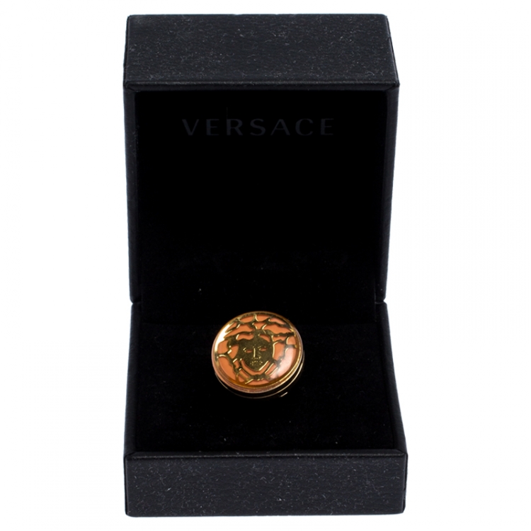 Pre Owned Versace Gold Plated Metal Flip Top Mirror Medusa Ring Size 50